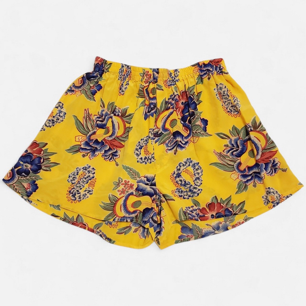 Avanti Silk Hawaiian Shorts Yellow Floral Ukulele Print Womens Size Medium